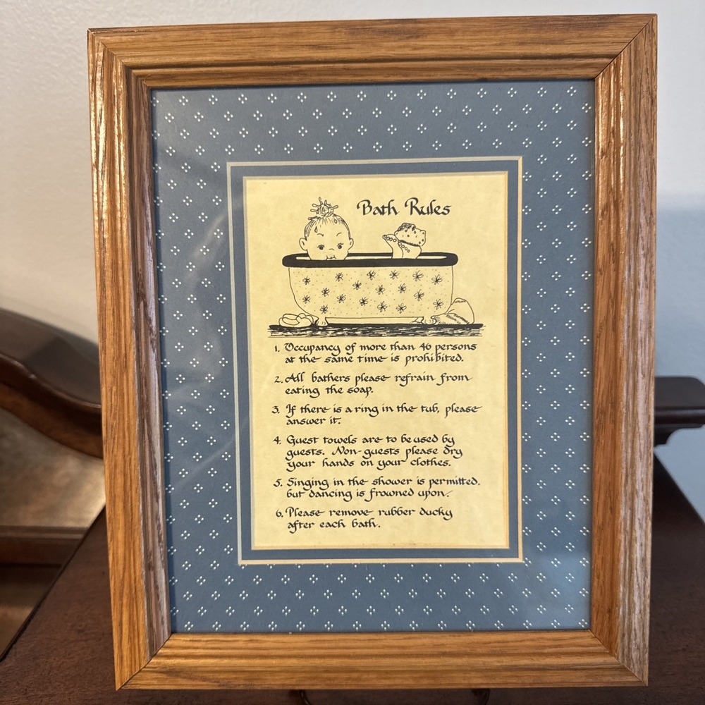 11.5"x9.5" Bathroom Humor  "Bath Rules" Wall Art Decor Blue Framed